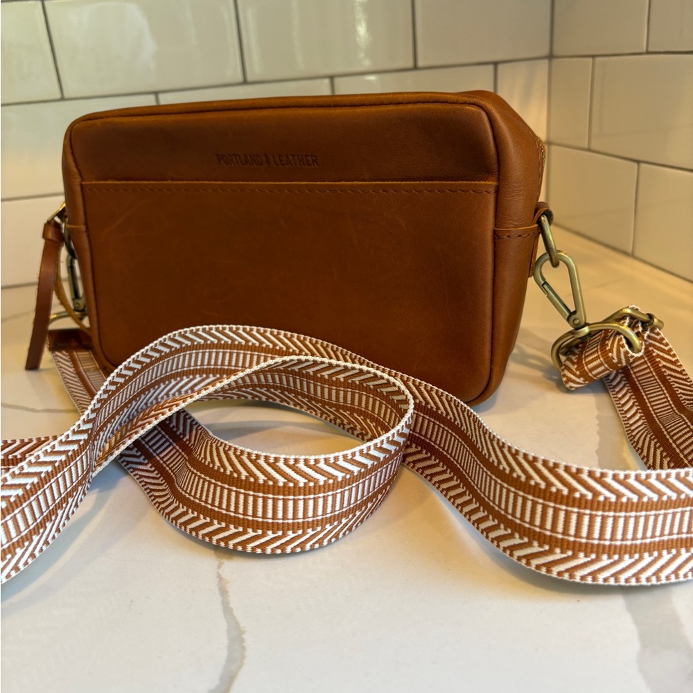 Portland Leather Tan Lg. Camera Bag with Patterned Strap.  Excellent condition.